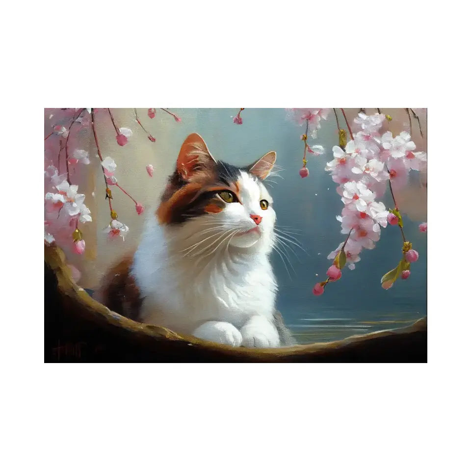 Cat between pink blossoms