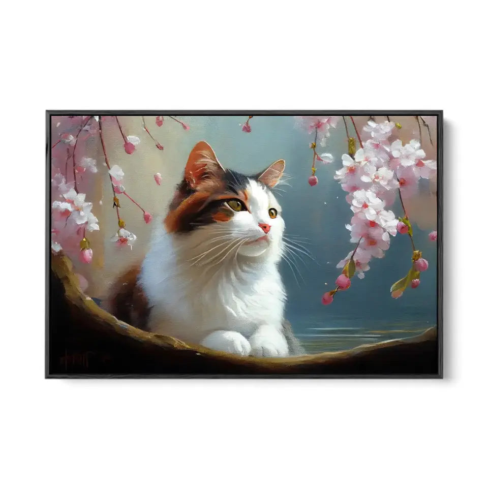 Cat between pink blossoms