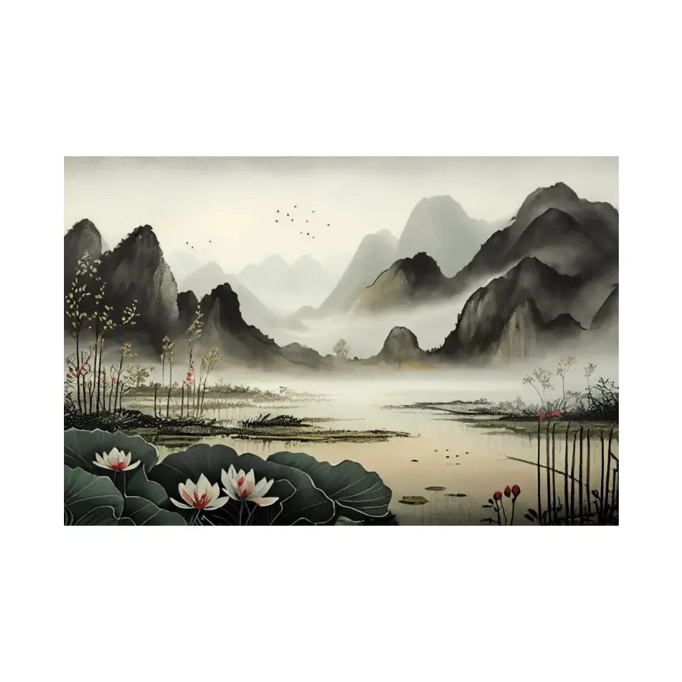 Foggy Lotus pond and distant mountains