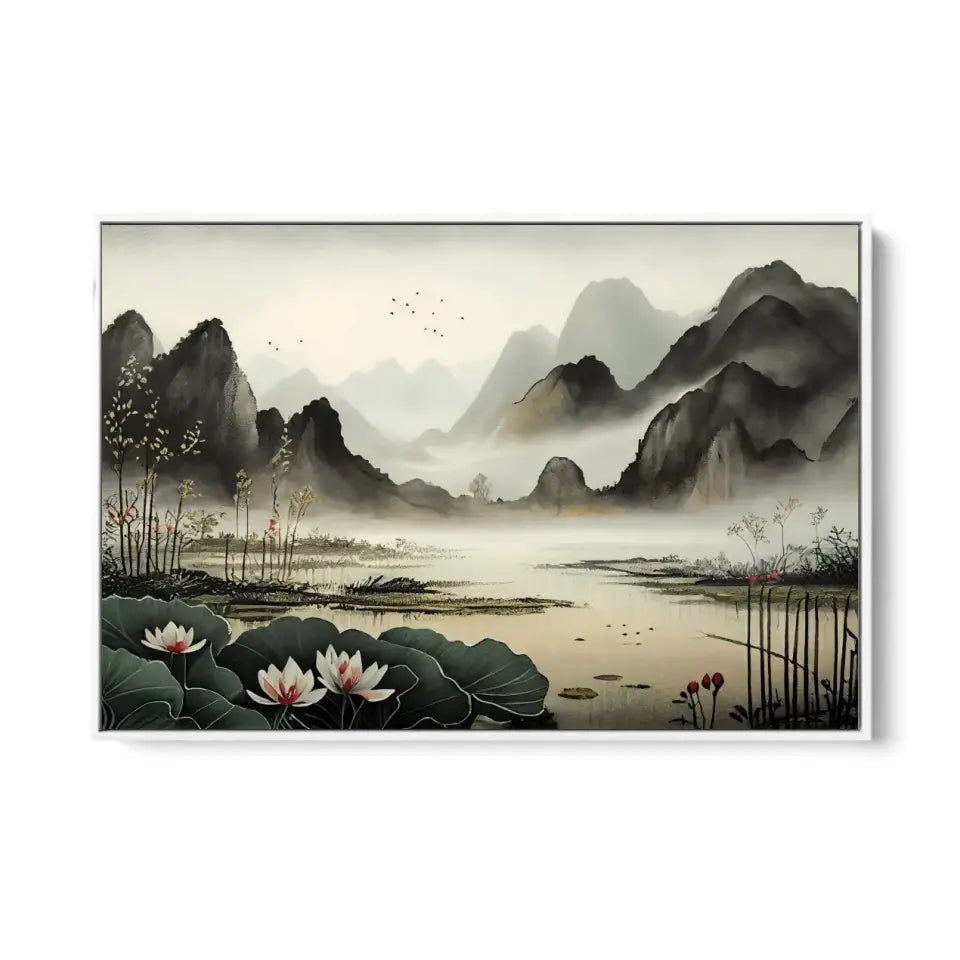 Foggy Lotus pond and distant mountains