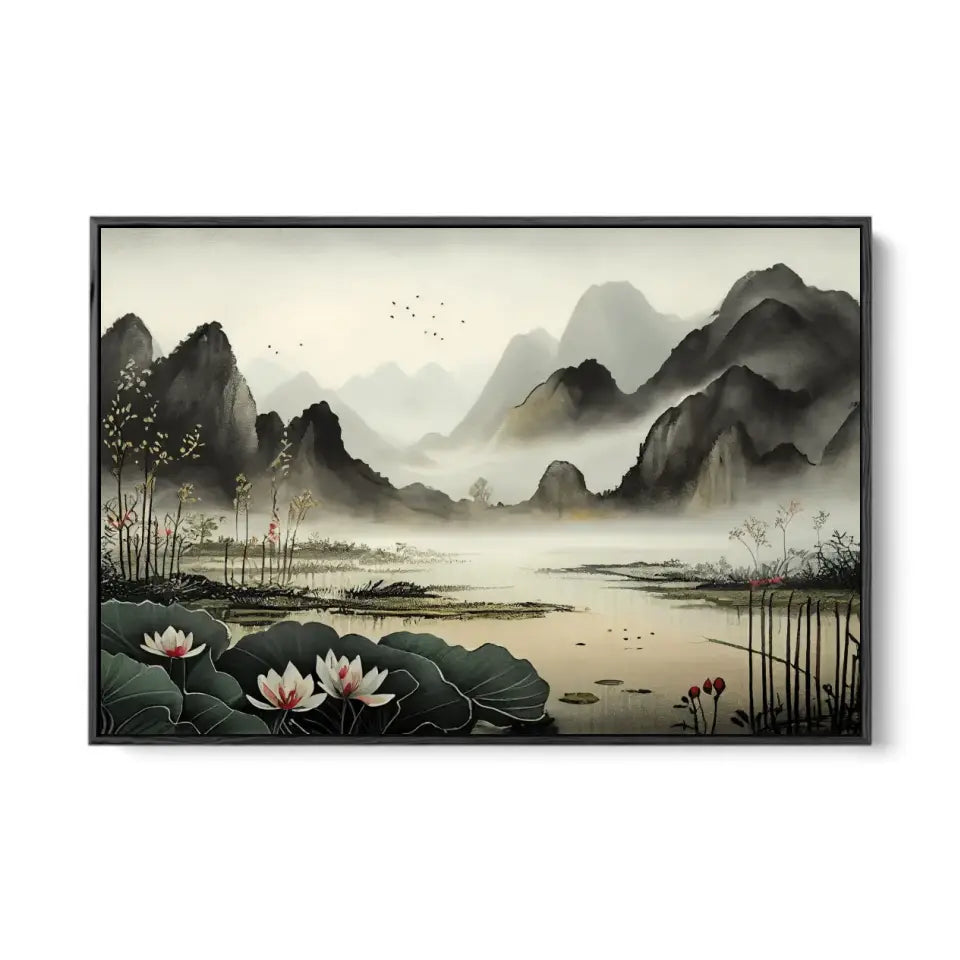 Foggy Lotus pond and distant mountains