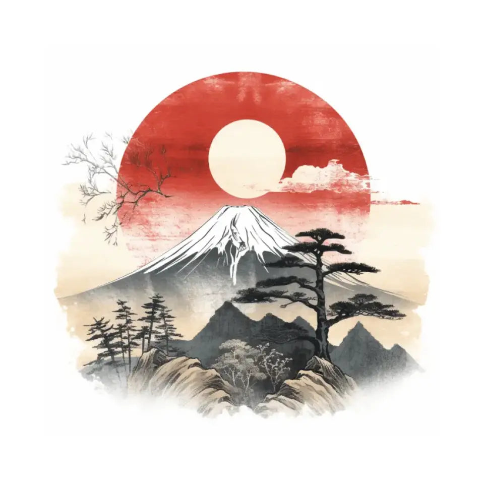 Mountain Fuji and sun in traditional japanese sumi-e style