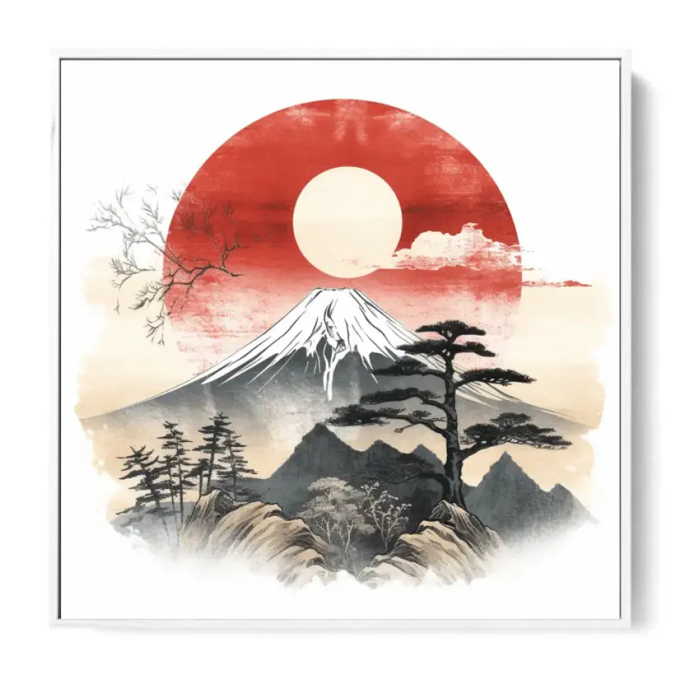 Mountain Fuji and sun in traditional japanese sumi-e style