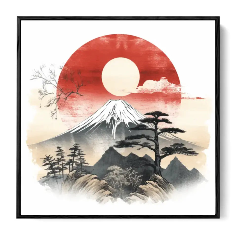 Mountain Fuji and sun in traditional japanese sumi-e style