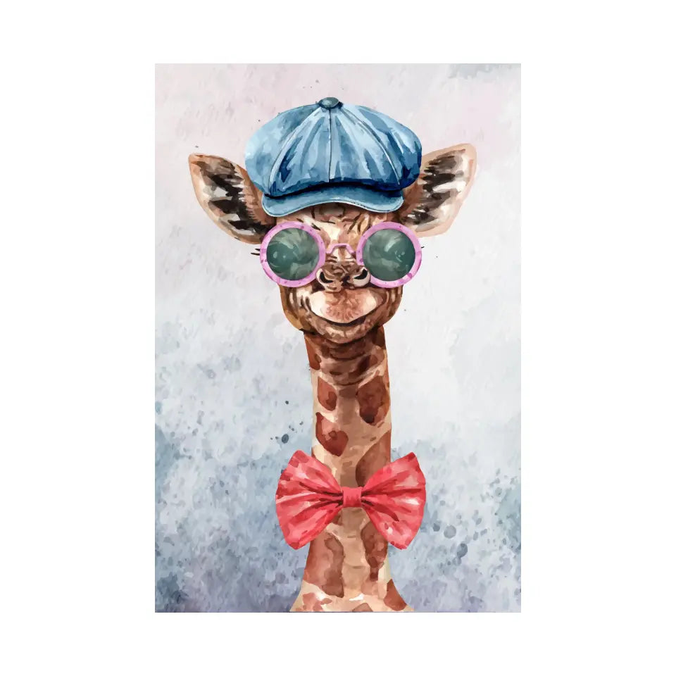 Giraffe with hat, glasses and a bow tie