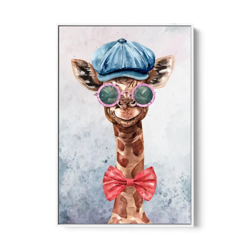 Giraffe with hat, glasses and a bow tie