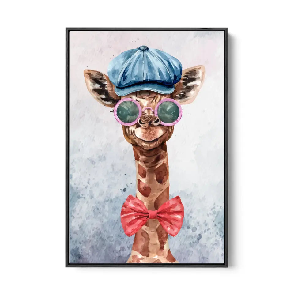 Giraffe with hat, glasses and a bow tie