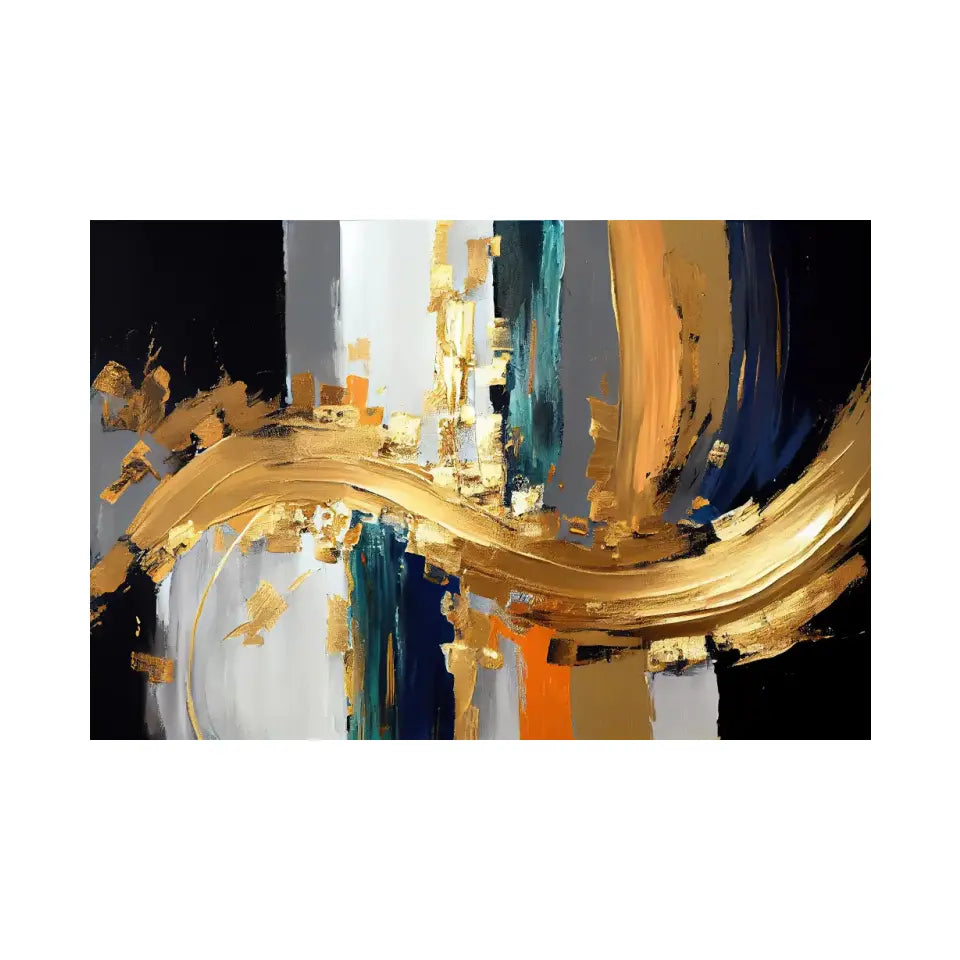 Abstract oil painting-golden elements, orange, gold, blue, knife painting I