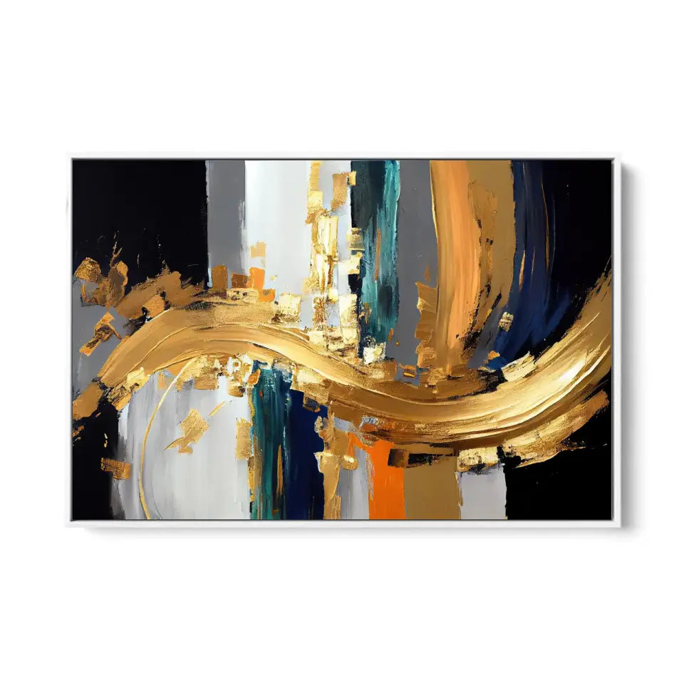 Abstract oil painting-golden elements, orange, gold, blue, knife painting I