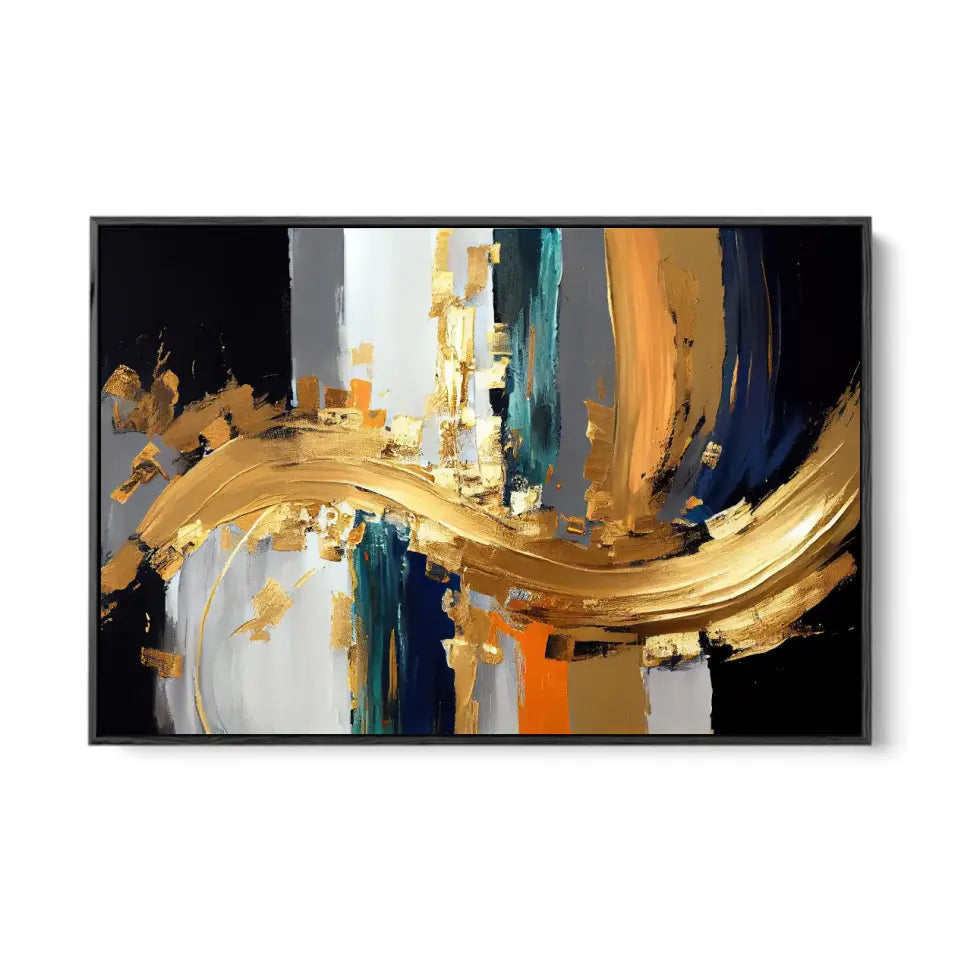 Abstract oil painting-golden elements, orange, gold, blue, knife painting I