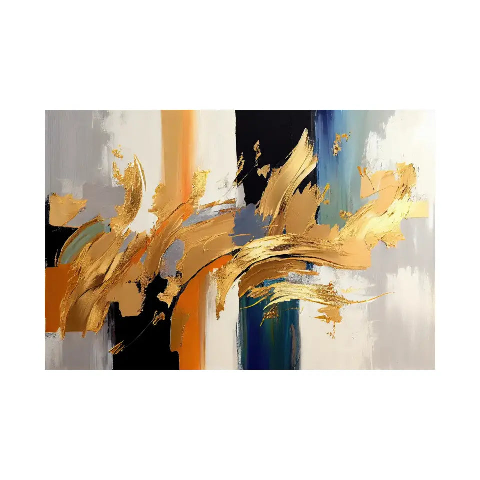 Abstract oil painting-golden elements, orange, gold, blue, knife painting II