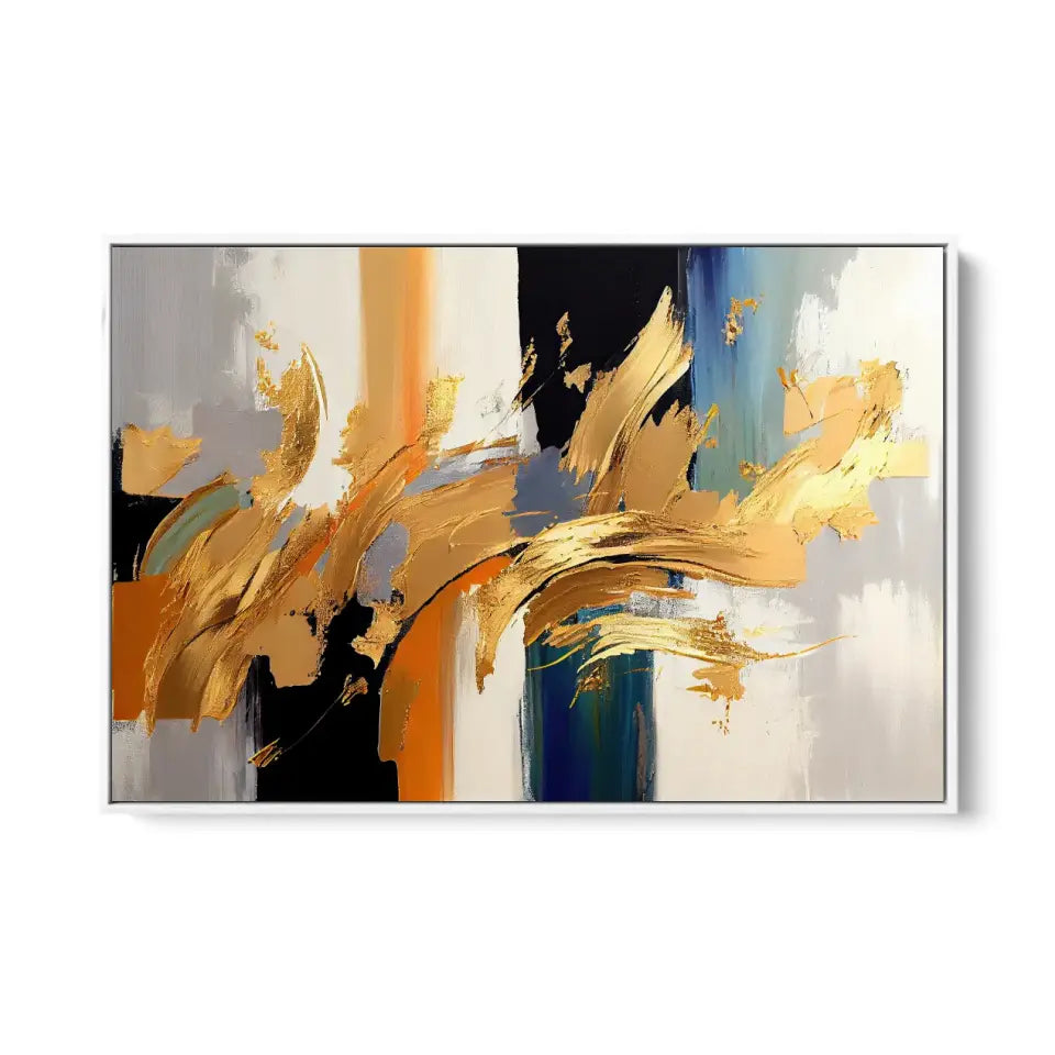 Abstract oil painting-golden elements, orange, gold, blue, knife painting II