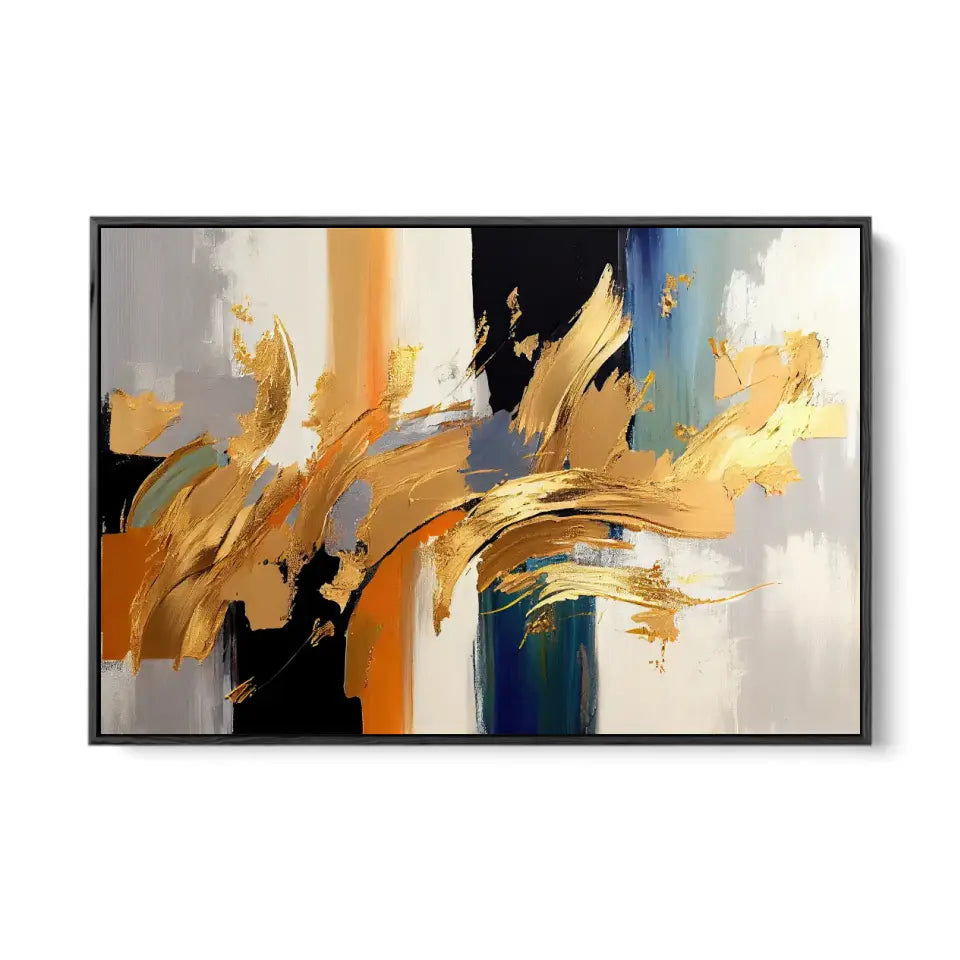 Abstract oil painting-golden elements, orange, gold, blue, knife painting II