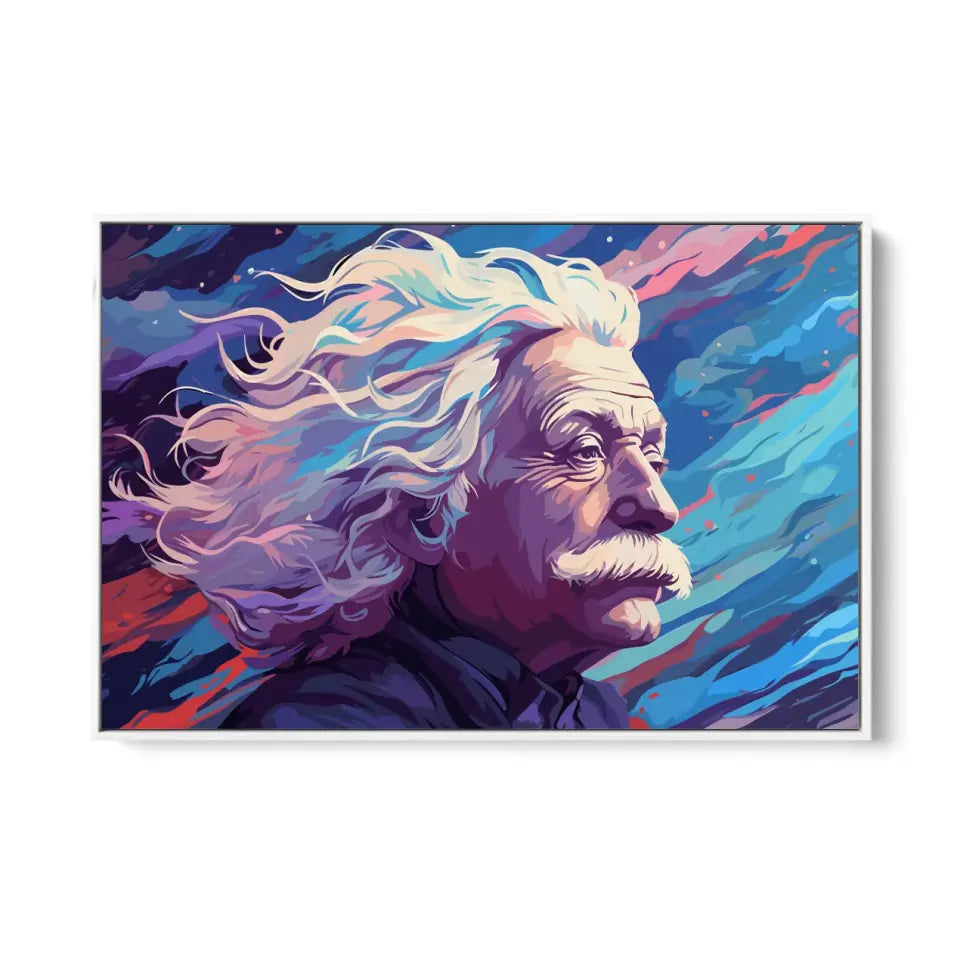 Portrait of Albert Einstein with long hair blowing freely in the cosmic wind