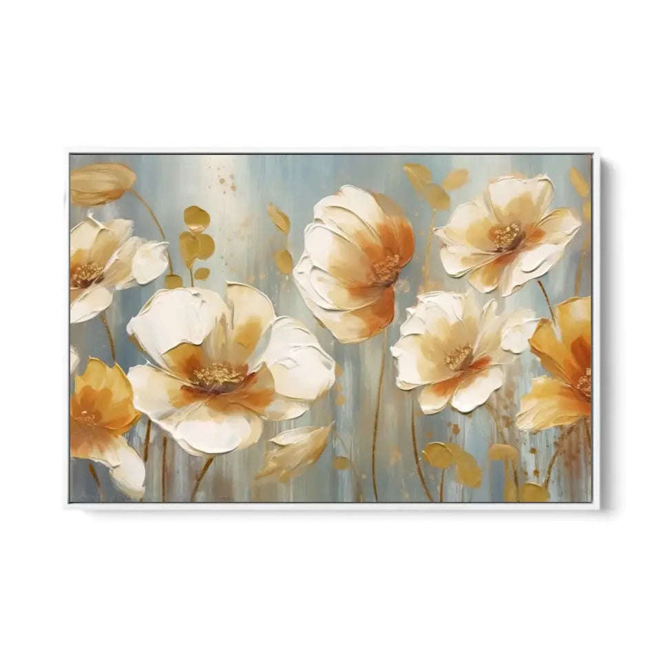 Orange, white and blue oil painting of flowers