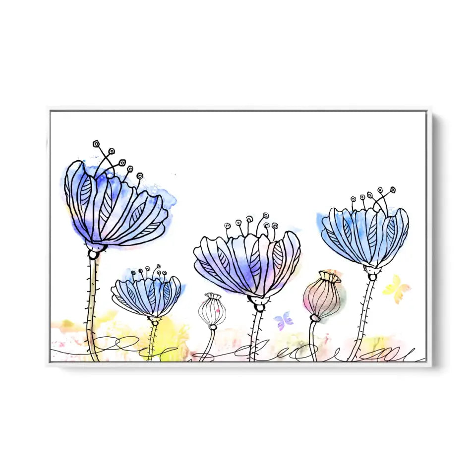 Flowers with yellow butterflies on watercolor blots