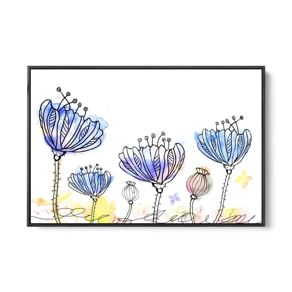 Flowers with yellow butterflies on watercolor blots