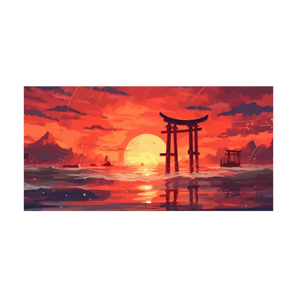 Japanese shinto art of yore hana-sunrays shine in red and gold