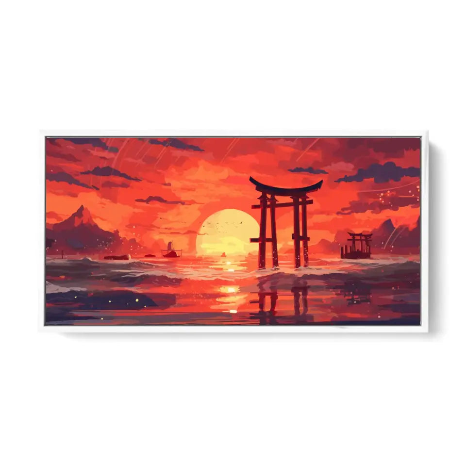 Japanese shinto art of yore hana-sunrays shine in red and gold