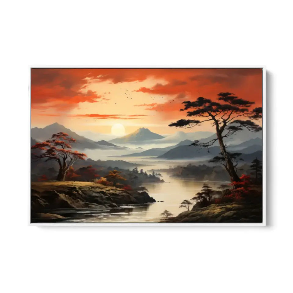 Mountain landscape with pine bonsai tree, clouds and sunset II