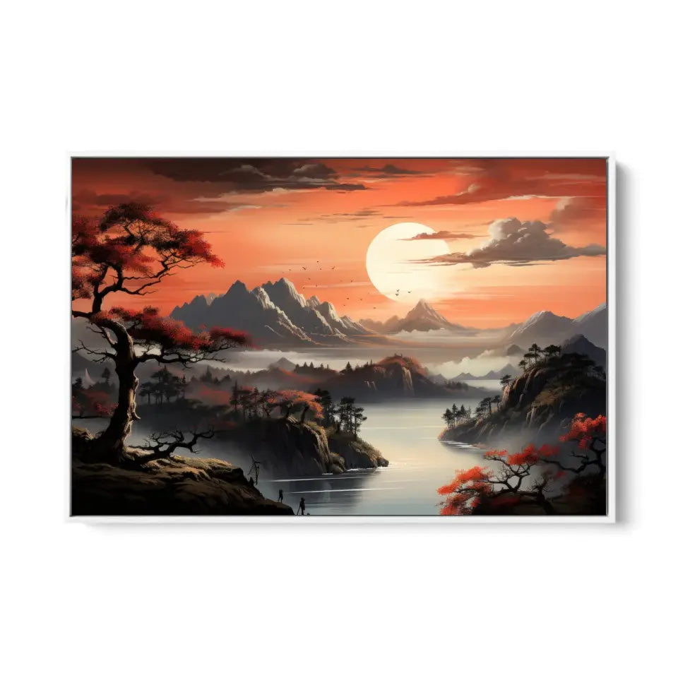 Mountain landscape with pine bonsai tree, clouds and sunset I