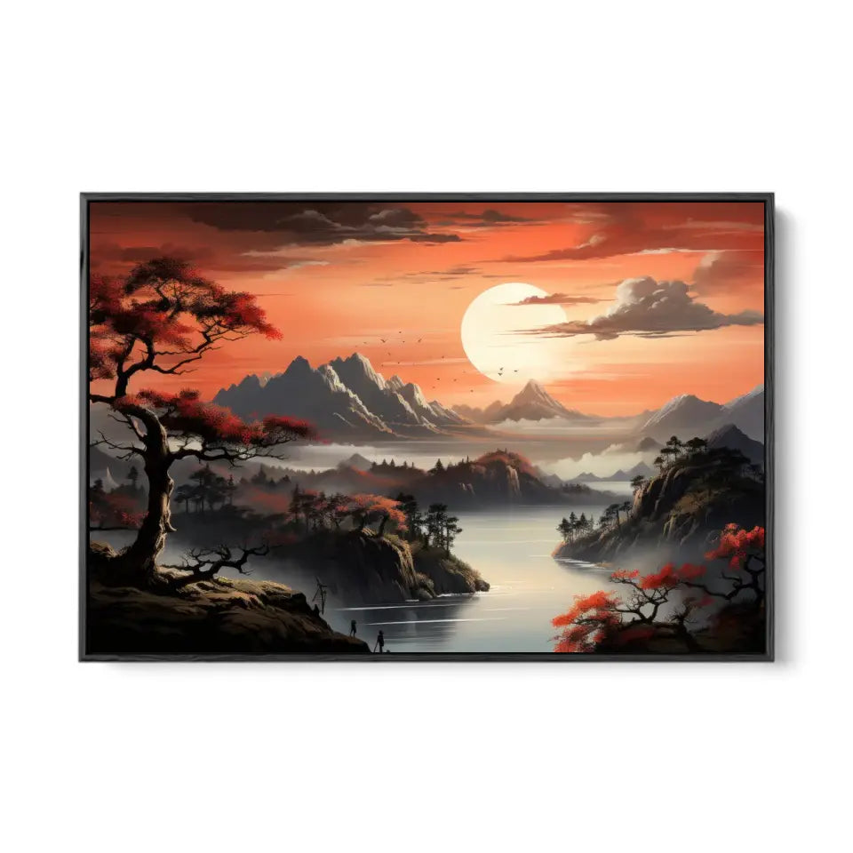 Mountain landscape with pine bonsai tree, clouds and sunset I