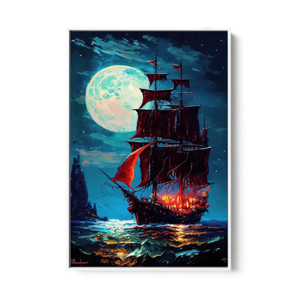 Mystic pirate ship with red sails sailing in the night on sea