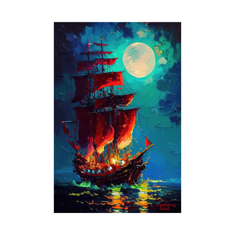 Mystic pirate ship in front of luminous moon