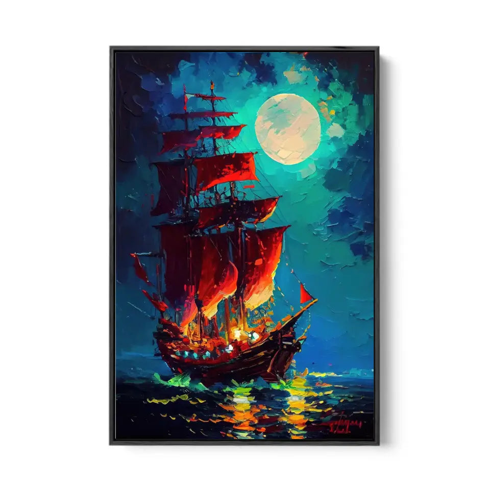 Mystic pirate ship in front of luminous moon