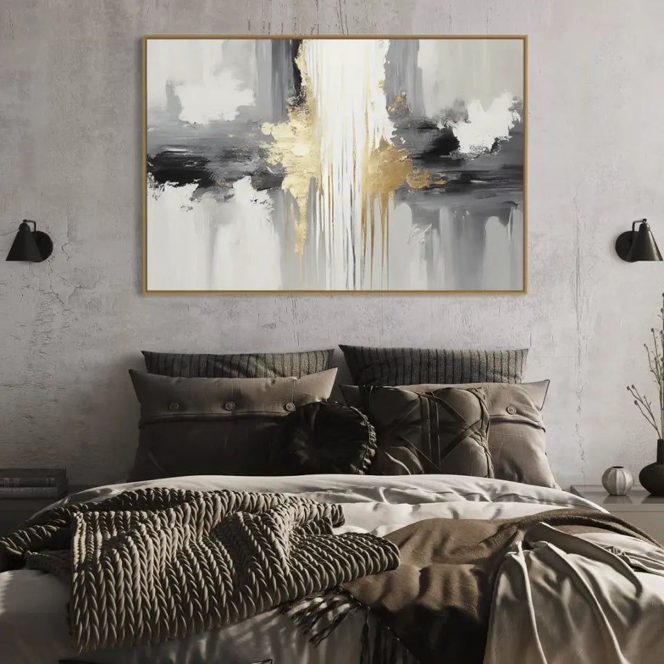 Abstract gold, white, gray, black canvas