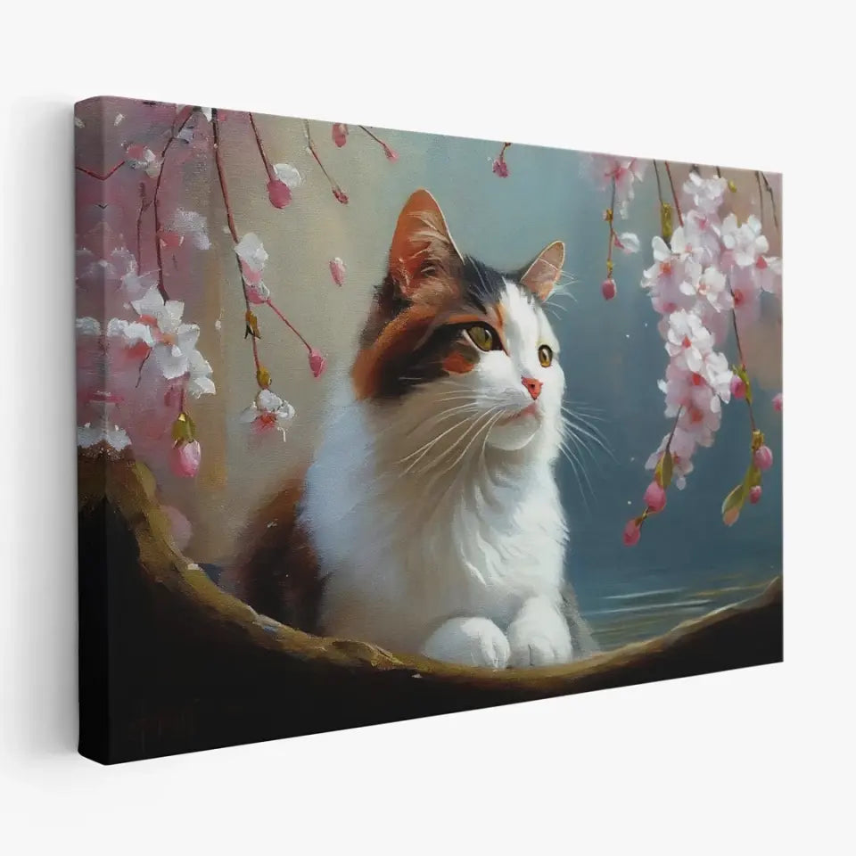 Cat between pink blossoms