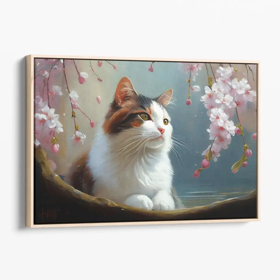 Cat between pink blossoms