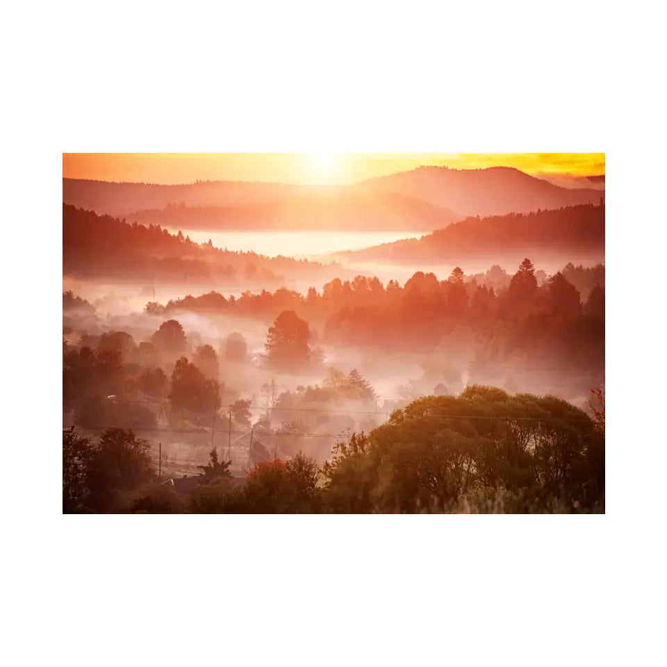 Foggy morning landscape with mountain range and misty forest