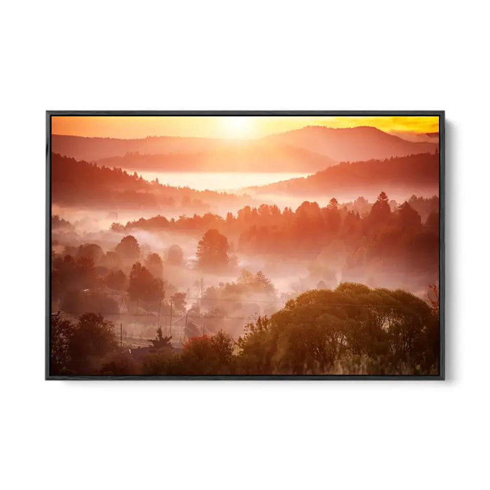 Foggy morning landscape with mountain range and misty forest