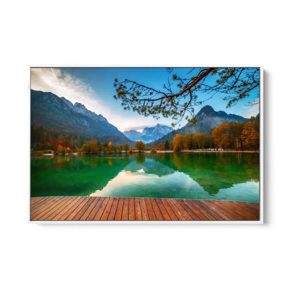 Jasna lake with beautiful mountains and wooden pier