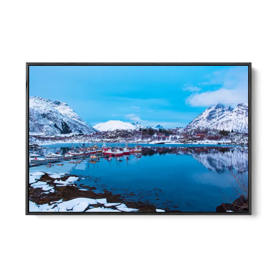 Landscape with beautiful winter lake and snowy mountains