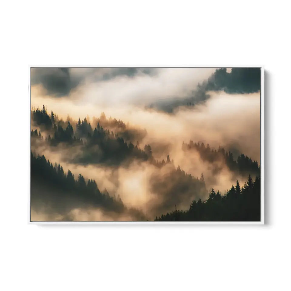 Misty landscape with mountains and fir forest