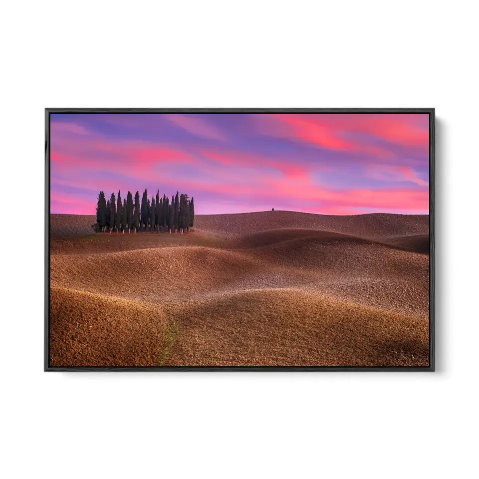 Tuscany landscape with cypress and earth waves at sunset