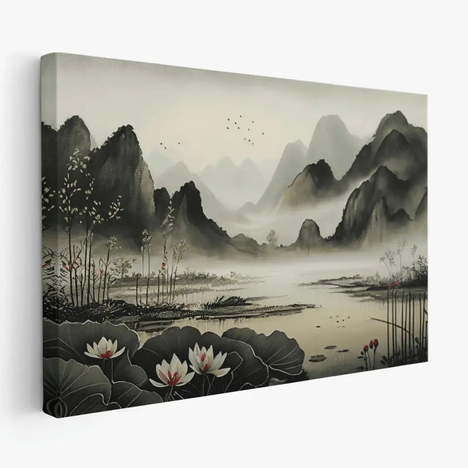 Foggy Lotus pond and distant mountains