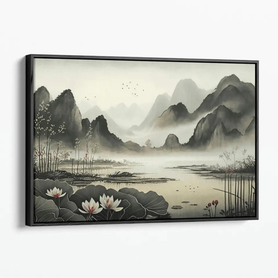 Foggy Lotus pond and distant mountains