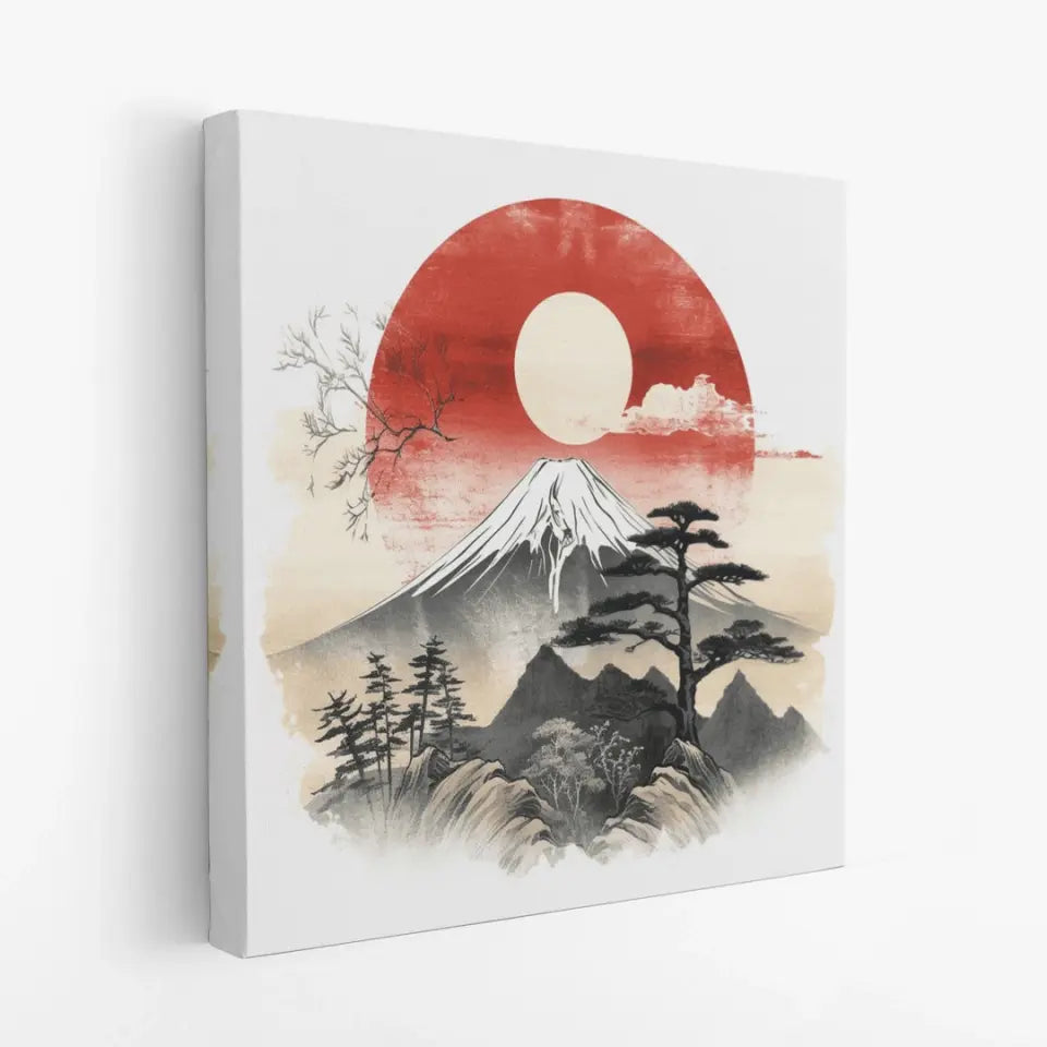 Mountain Fuji and sun in traditional japanese sumi-e style