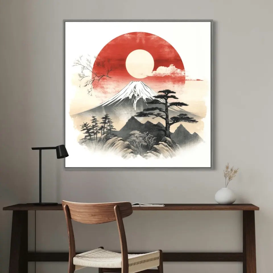 Mountain Fuji and sun in traditional japanese sumi-e style