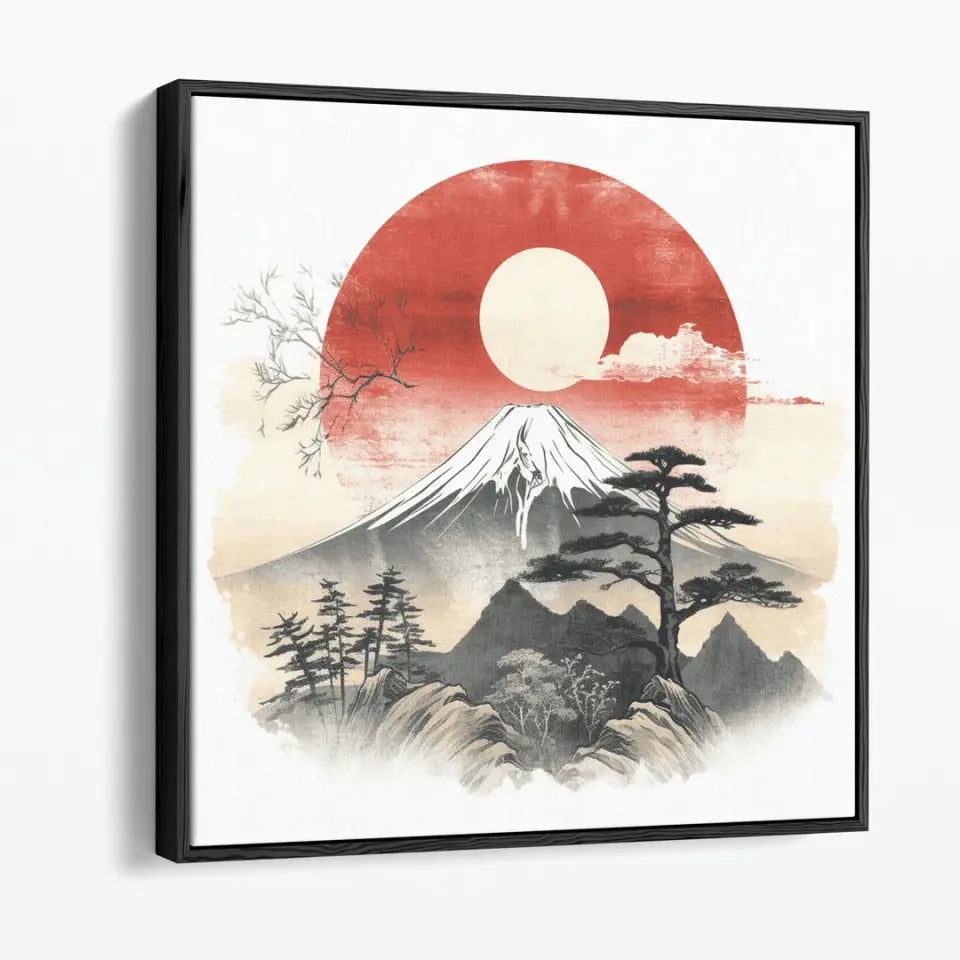 Mountain Fuji and sun in traditional japanese sumi-e style