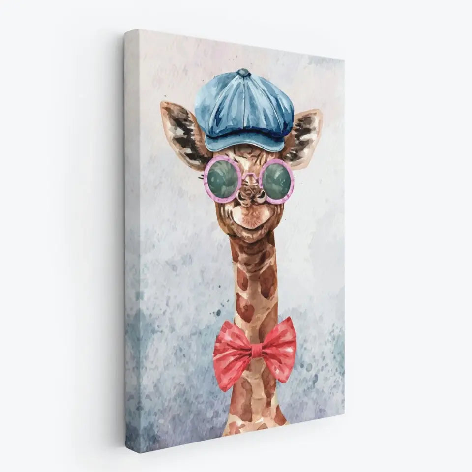 Giraffe with hat, glasses and a bow tie