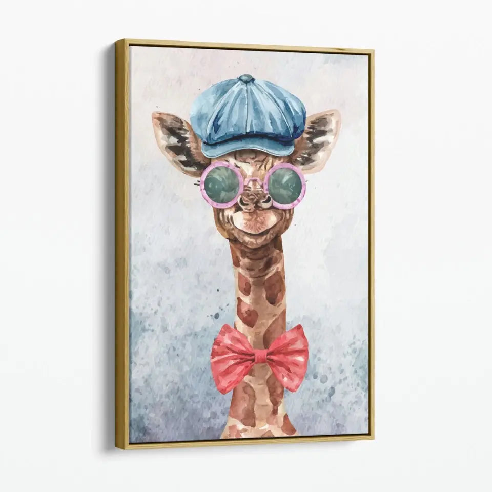 Giraffe with hat, glasses and a bow tie