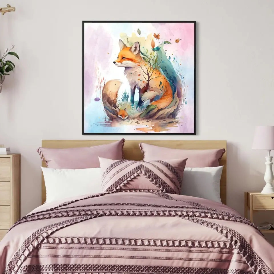 Fox with his baby watercolor