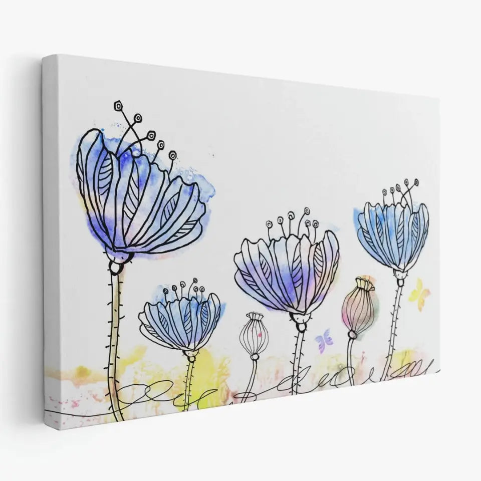 Flowers with yellow butterflies on watercolor blots