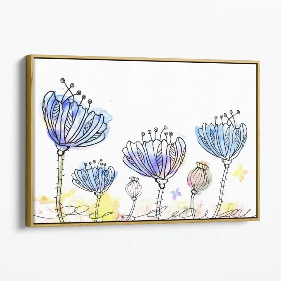 Flowers with yellow butterflies on watercolor blots