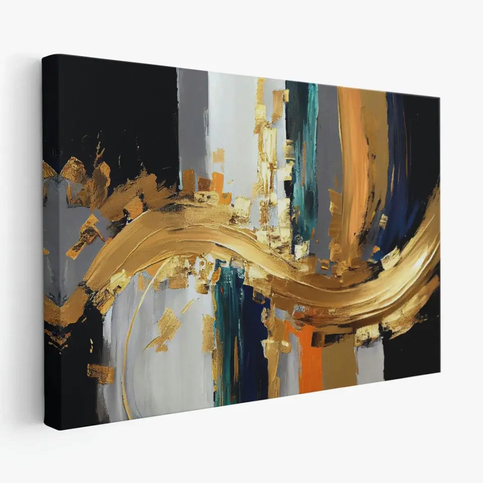 Abstract oil painting-golden elements, orange, gold, blue, knife painting I