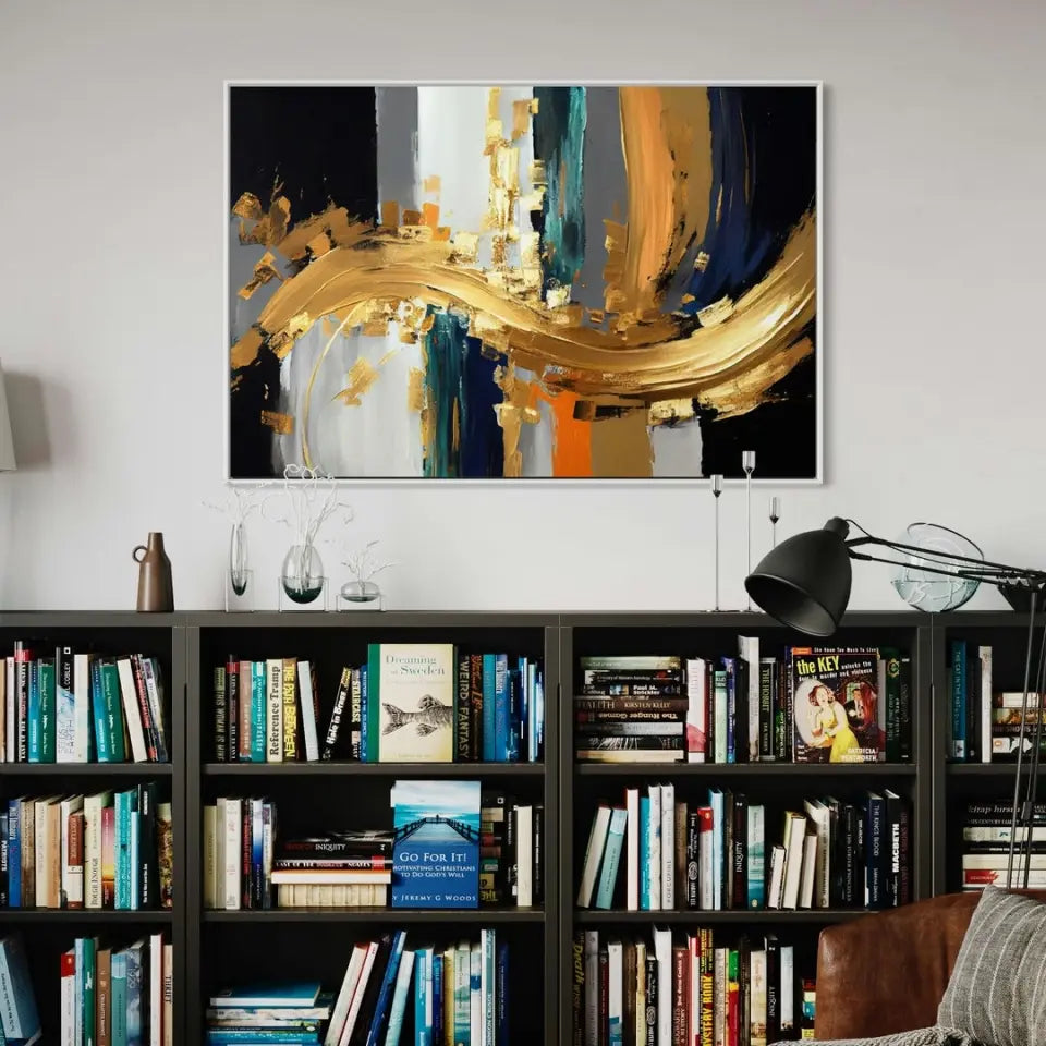 Abstract oil painting-golden elements, orange, gold, blue, knife painting I